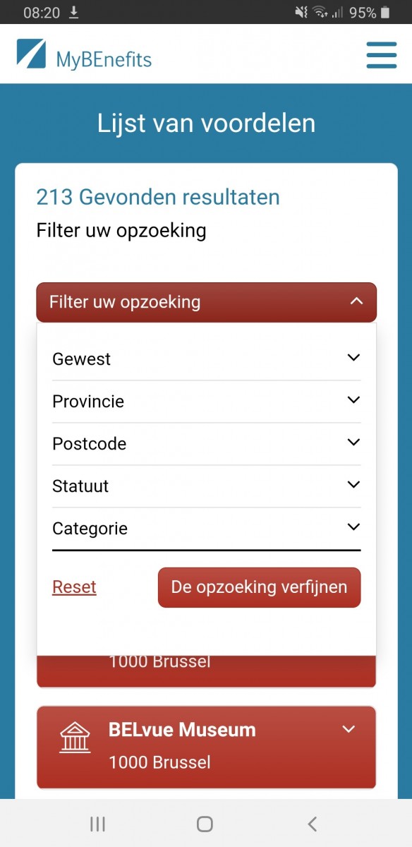De gebruiker kan op een intuïtieve manier de voordelen filteren en zijn opzoeking verfijnen op basis van drie criteria: de geografische zone, het profiel van de gebruiker, de categorie van gezochte voordelen